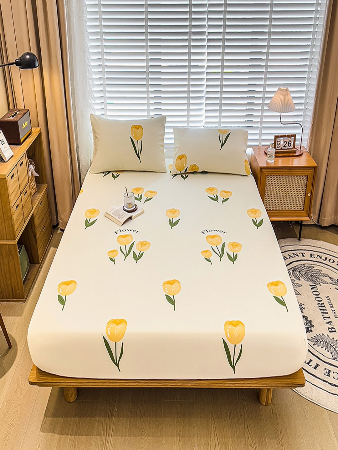 JC HOME Royal Lifestyle Cream Floral Cotton 220 TC Fitted King Bedsheet with 2 Pillow Covers-245 x 270 cm