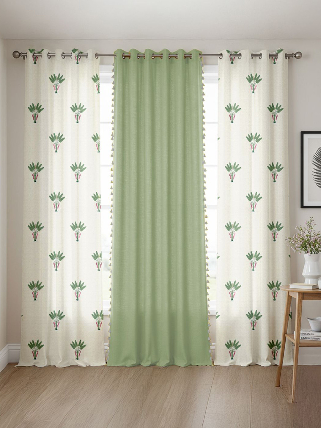 URBAN SPACE Set of 3 Floral Cotton Eyelet Door Curtains