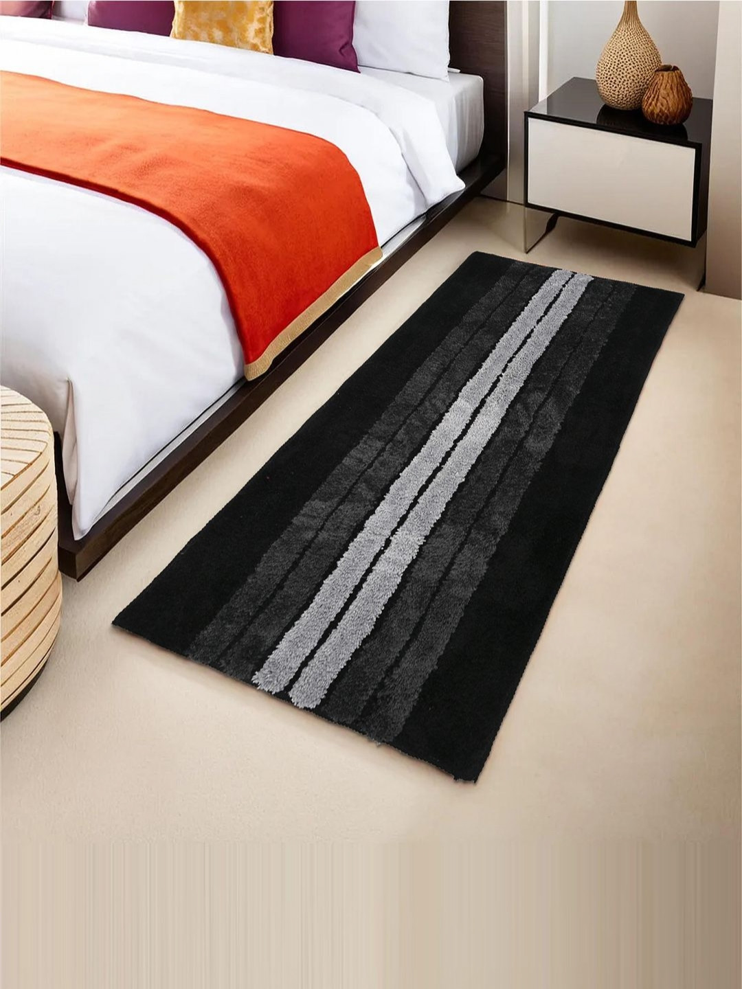 Aura Black & Grey Striped Rectangular Anti-Slip Long-Lasting Floor Runner