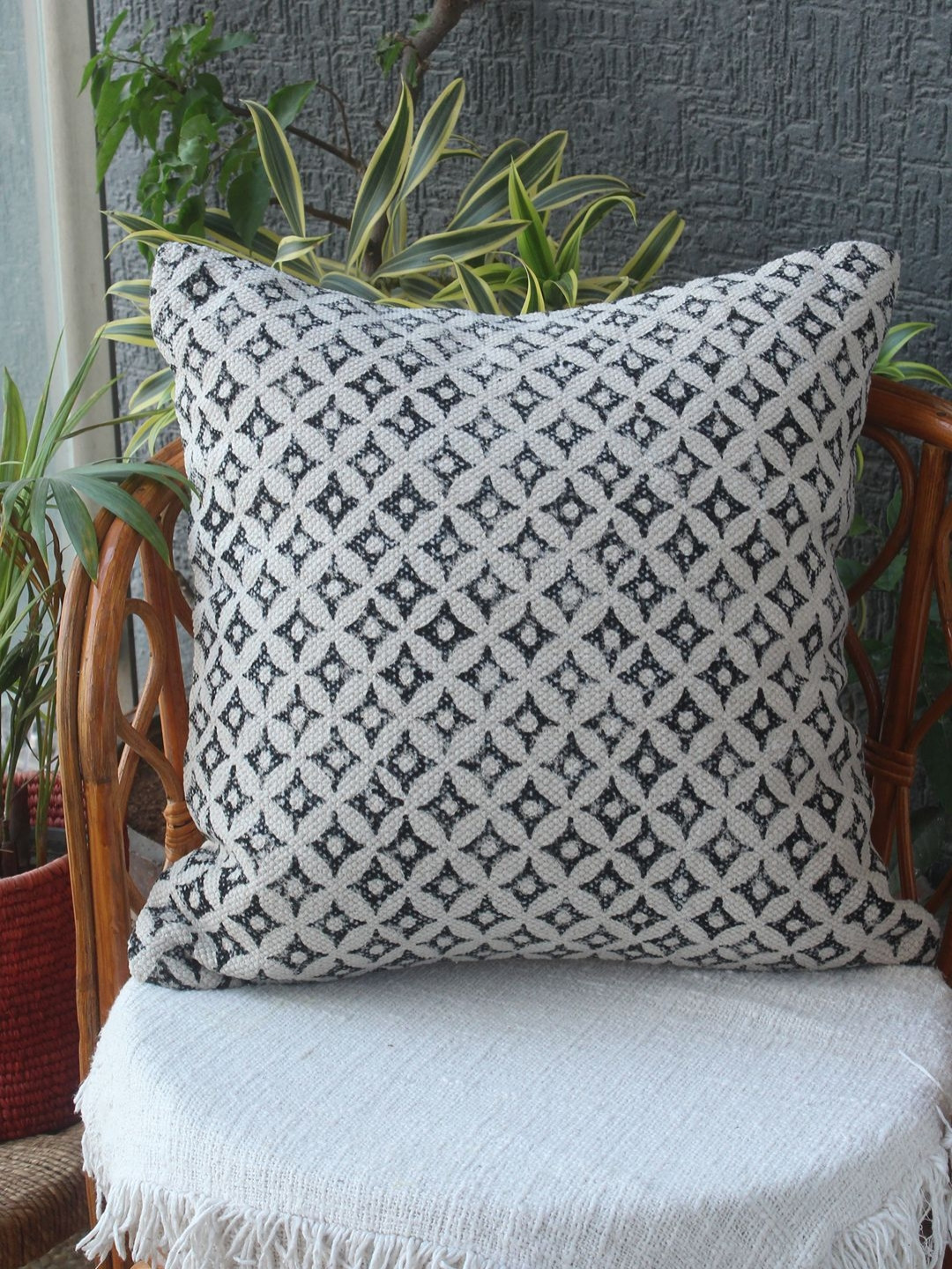 Weaves of Tradition Off White & Black Ethnic Motifs Square Cushion Covers