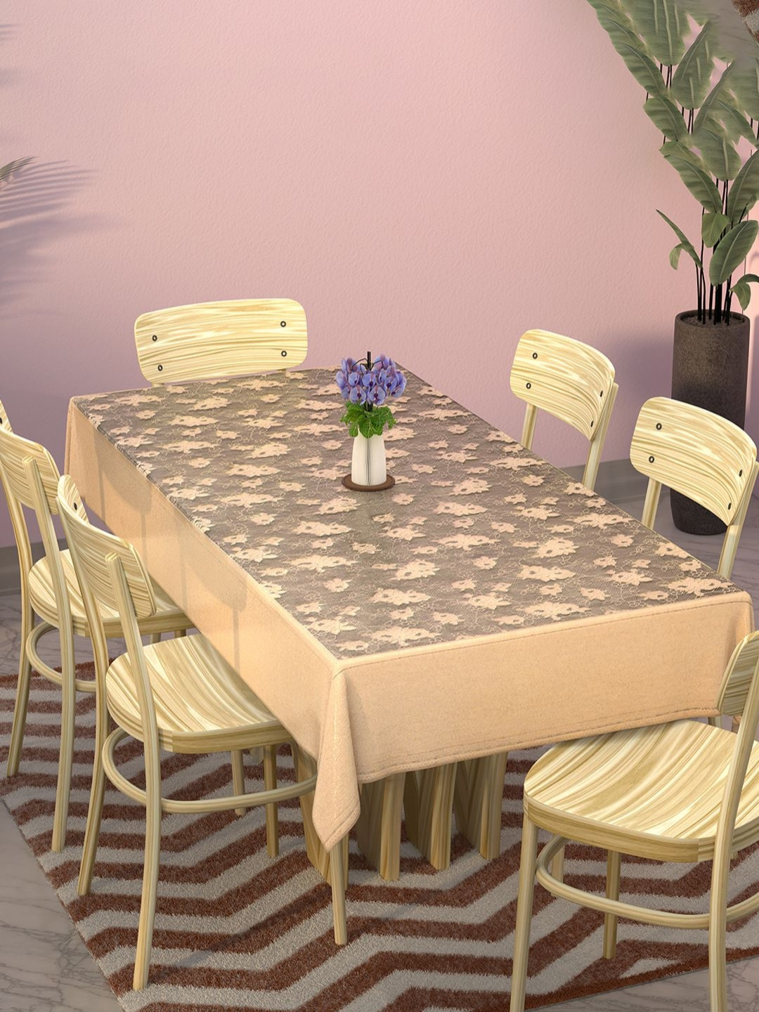 Aura Self Net Hawaii Camel Brown Floral Dining Table Cover 6 Seater