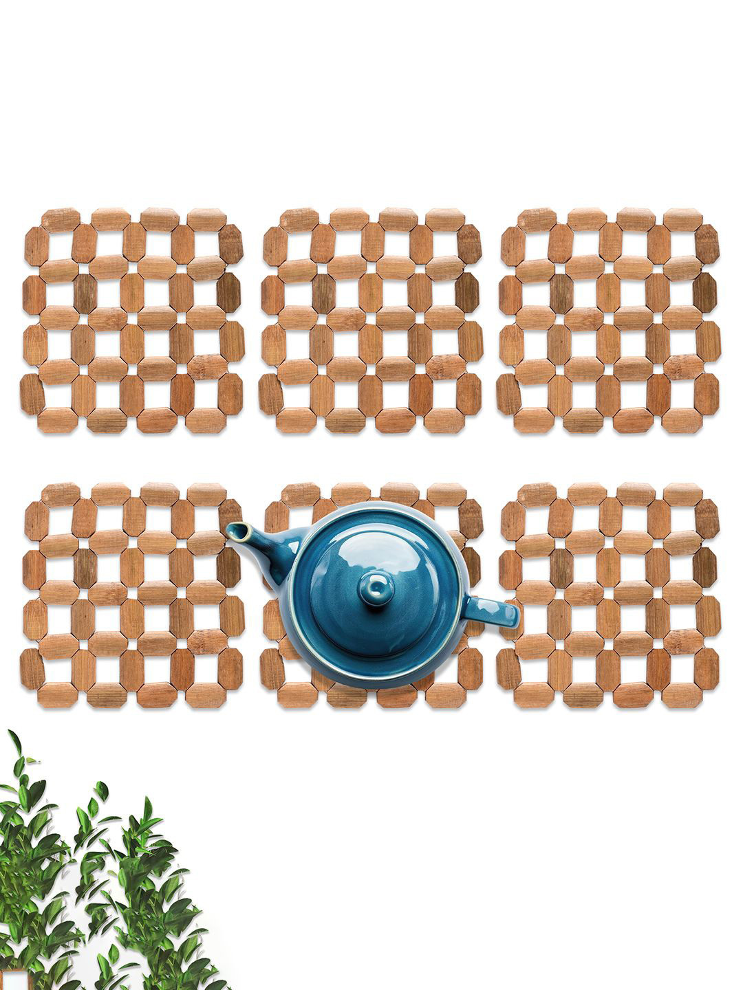 Kuber Industries 6-pcs Brown Bamboo Trivet TeaCoaster