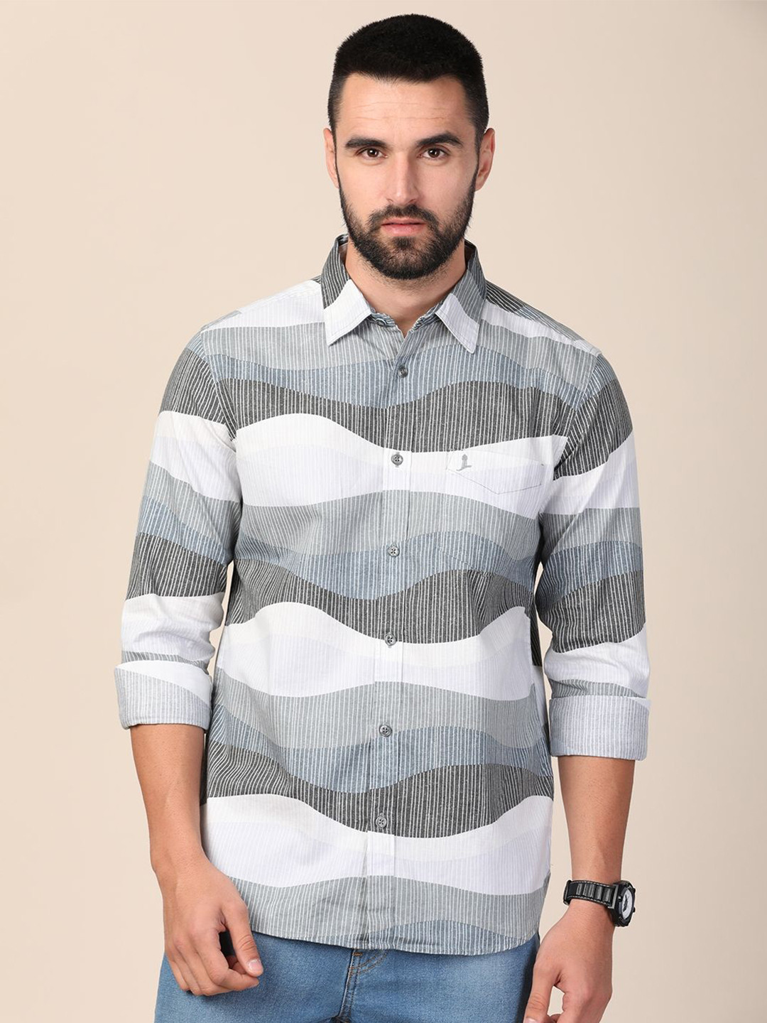 MERCHANT MARINE Men Standard Slim Fit Horizontal Stripes Sheer Printed Casual Shirt
