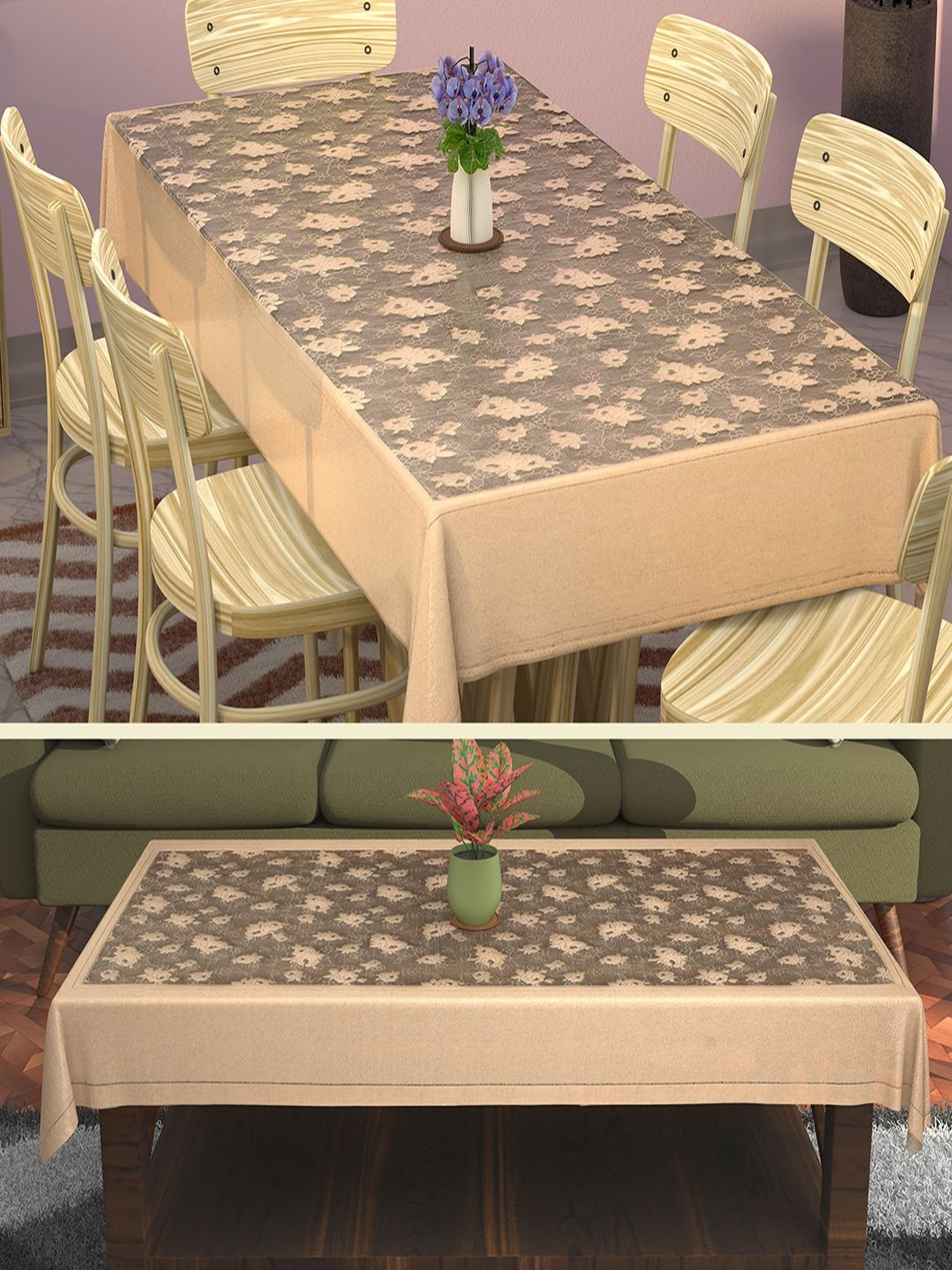 Aura Brown Combo Set Of 2 Floral Cotton 6-Seater Table Cover & 4 Seater Center Table Cover