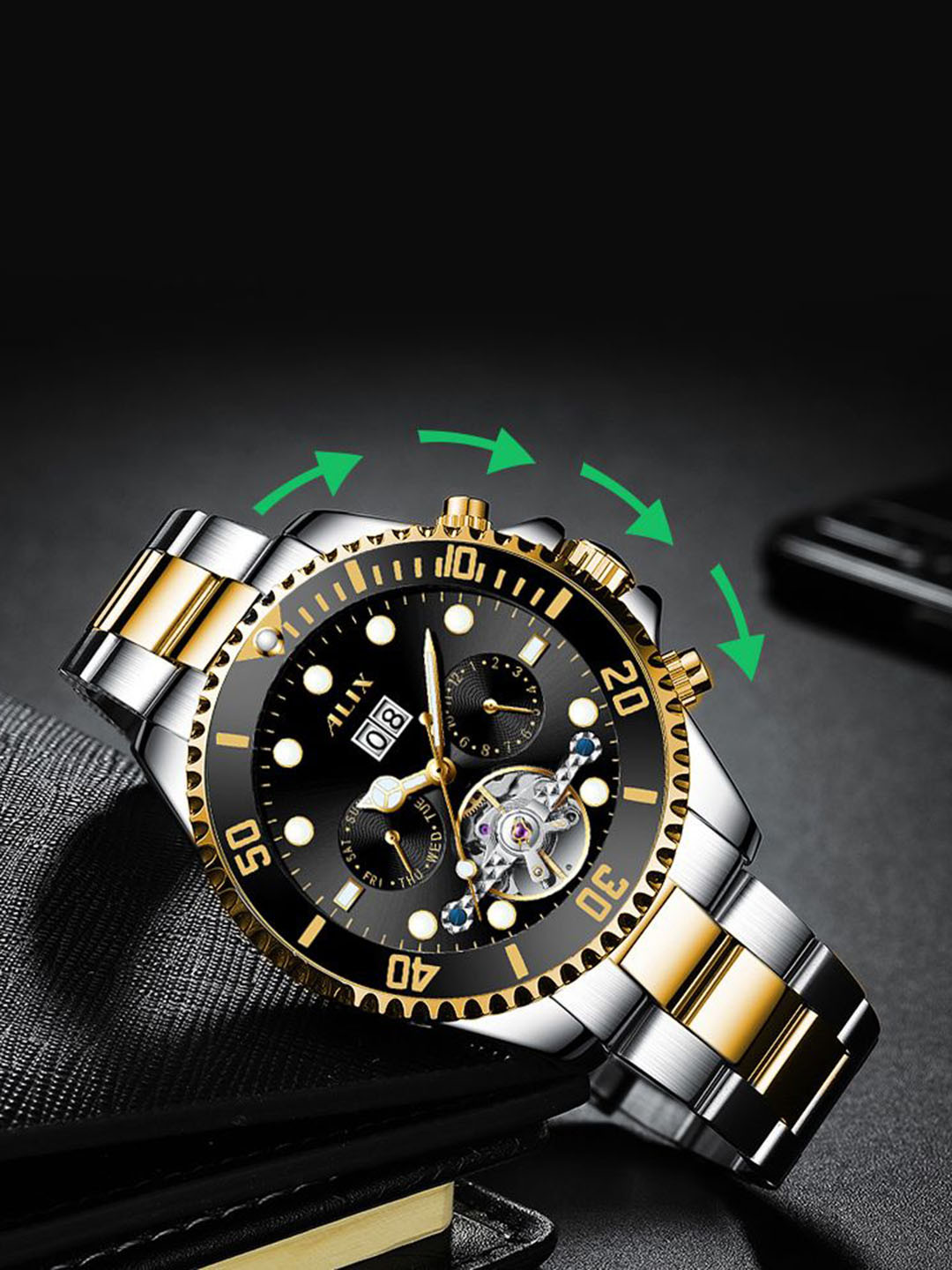 ALIX Men Patterned Dial & Stainless Steel Straps Analogue Chronograph Watch AL2907_SGB