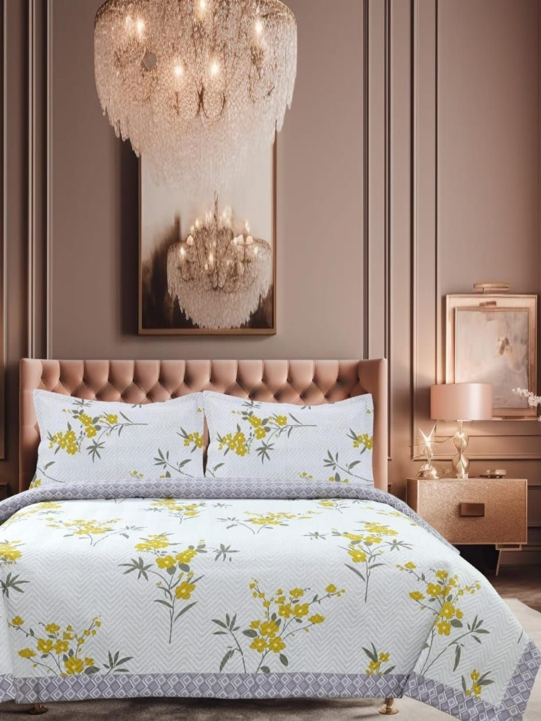 Aura Bc - Yellow White Floral Cotton Breathable 180 TC King Fine Bedsheet with 2 Pillow Covers-100 x 90 inches