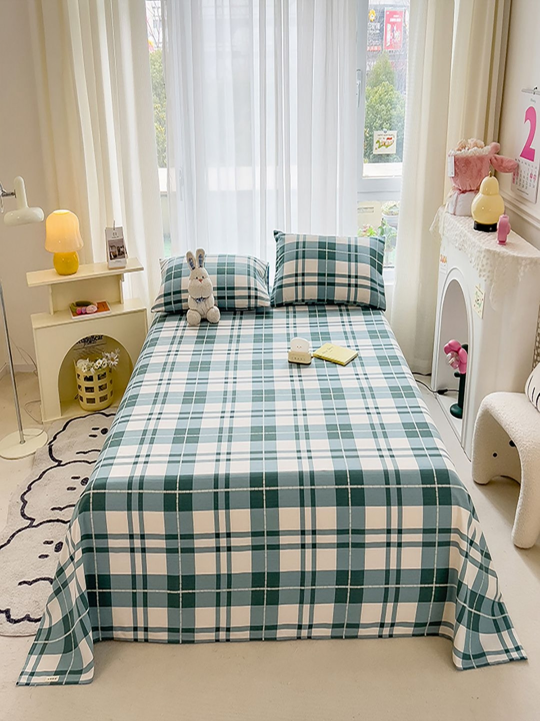 JC HOME Green Checked Polycotton 140 TC Queen Bedsheet with 2 Pillow Covers-79 x 91 inches