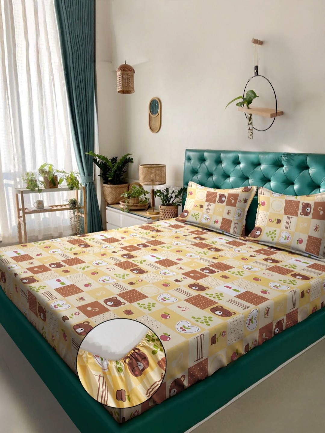 Myntra Elegant Homes Yellow & Brown Graphic 400 TC King Bedsheet with 2 Pillow Covers