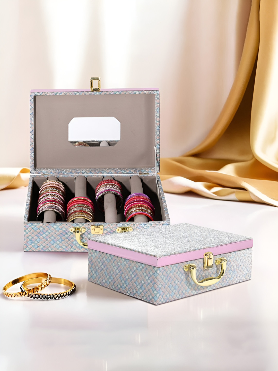 Aura Green Set Of 2 Regular Wooden Bangle Storage Box with Gold Handle