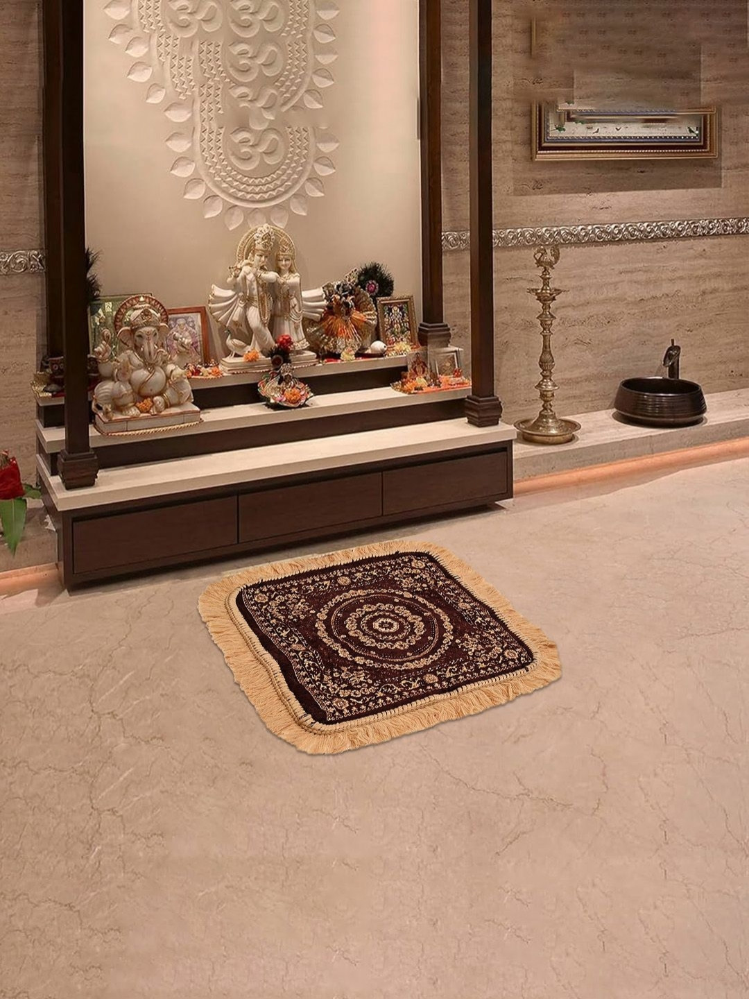 Aura Brown Traditional Rangoli Printed Velvet Comfortable Pooja Floor Mat