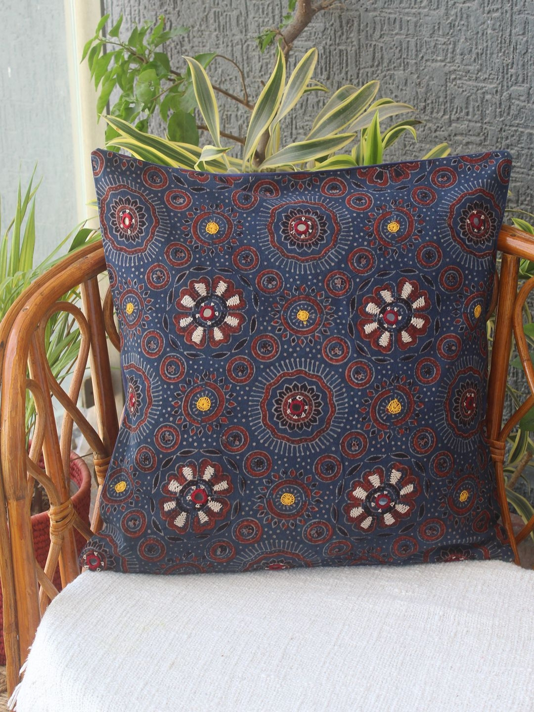 Weaves of Tradition Ajrakh Hand Block Printed Cotton Embroidered Cushion Cover -16x16In