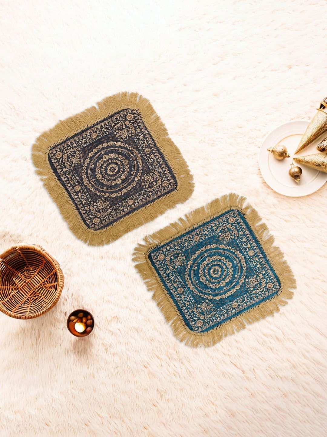 Aura Blue & Grey 2 Piece Floral Printed Velvet Finish Pooja Sitting Floor Mat