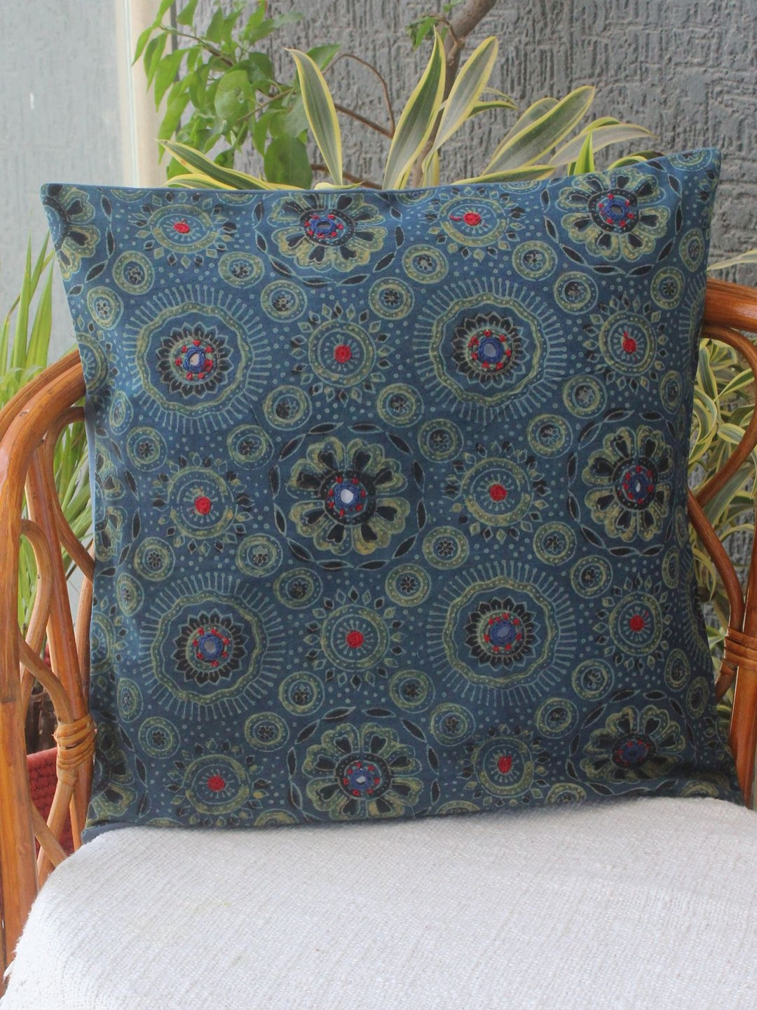 Weaves of Tradition Ajrakh Hand Block Cotton Embroidered Square Cushion Cover -16x16In