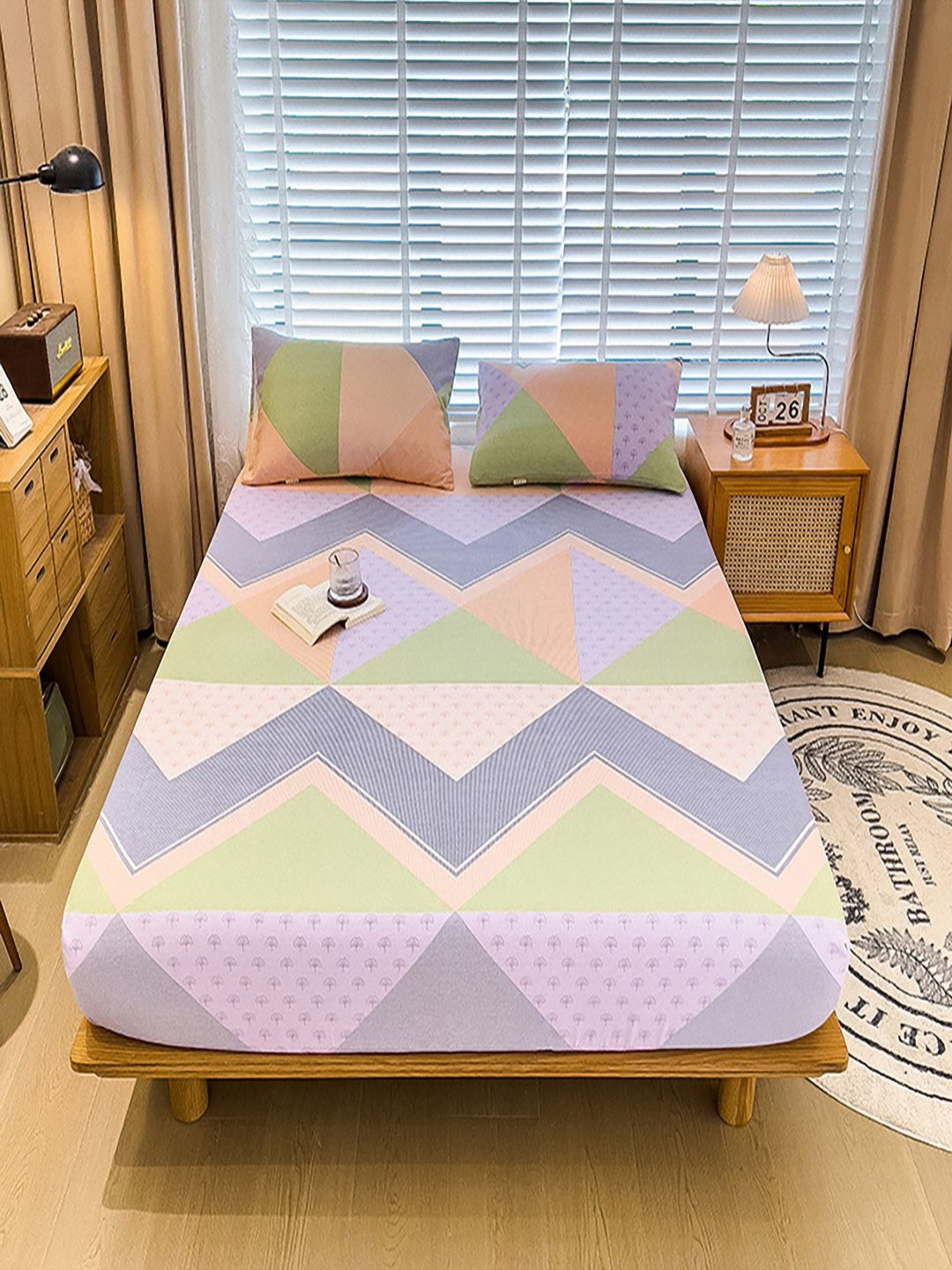 JC HOME Amaya Samara Purple Geometric Cotton 220 TC Fitted King Fine Bedsheet with 2 Pillow Covers-200 x 180 cm