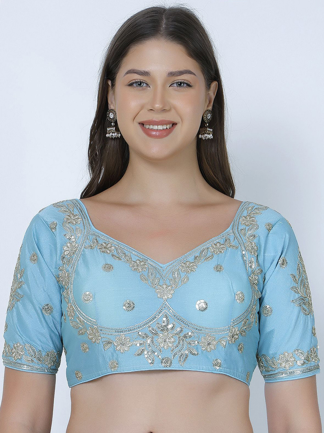 Trendzmy Embroidered Sweetheart Neck Choli Cut Short Sleeves Saree Blouse