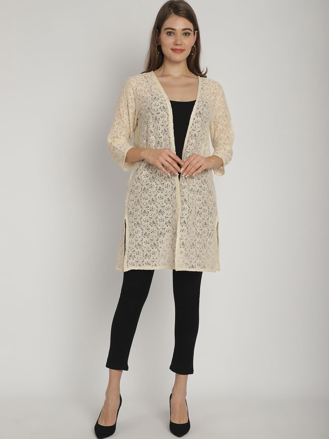 SZN Self Design Round Neck Front Open Sheer Longline Shrug