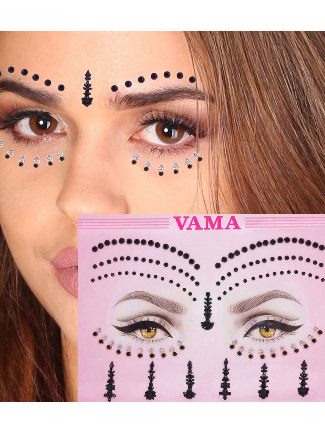 VAMA Women Set of 10 Diamond Red Stone Forehead Bindi Kumkum Stickers
