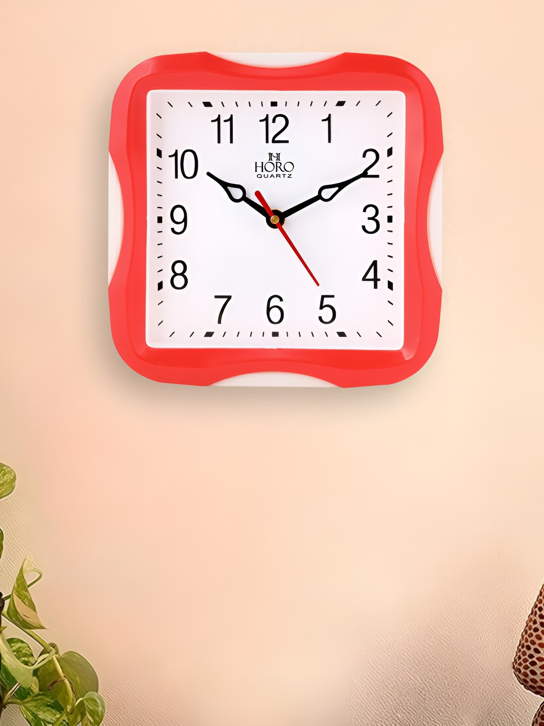 Horo Red Plastic Handcrafted Square Battery Analogue Wall Clock