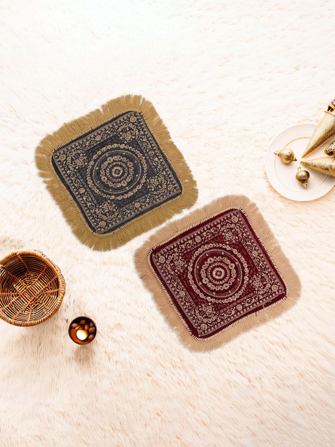 Aura 2 Piece Grey & Maroon Floral Printed Velvet Finish Pooja Sitting Floor Mat