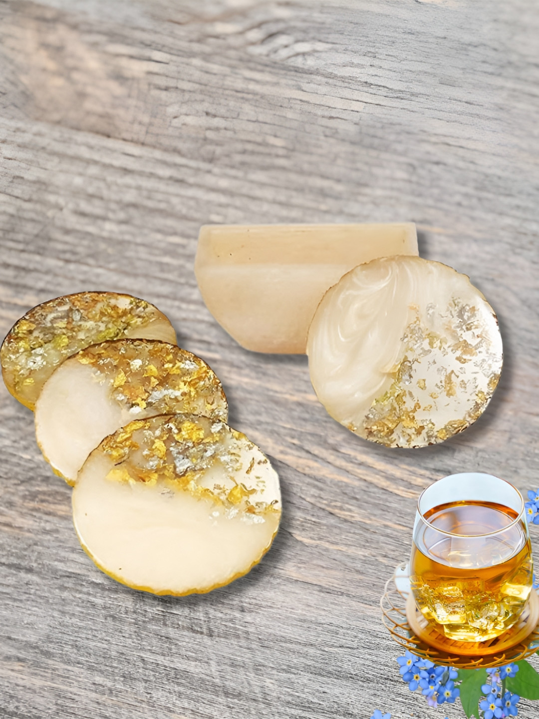 ShopMeFast 4-Pcs Cream-Colored Embellished Round Coasters With Holder