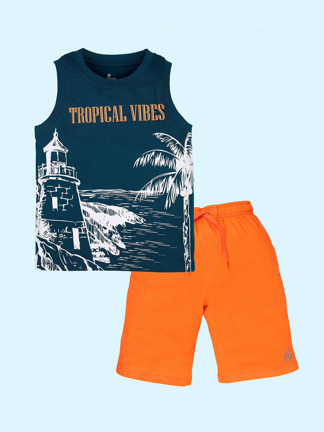 KiddoPanti Boys Sleeveless Printed Tee & Knee Length Basic Short Co-Orde Set