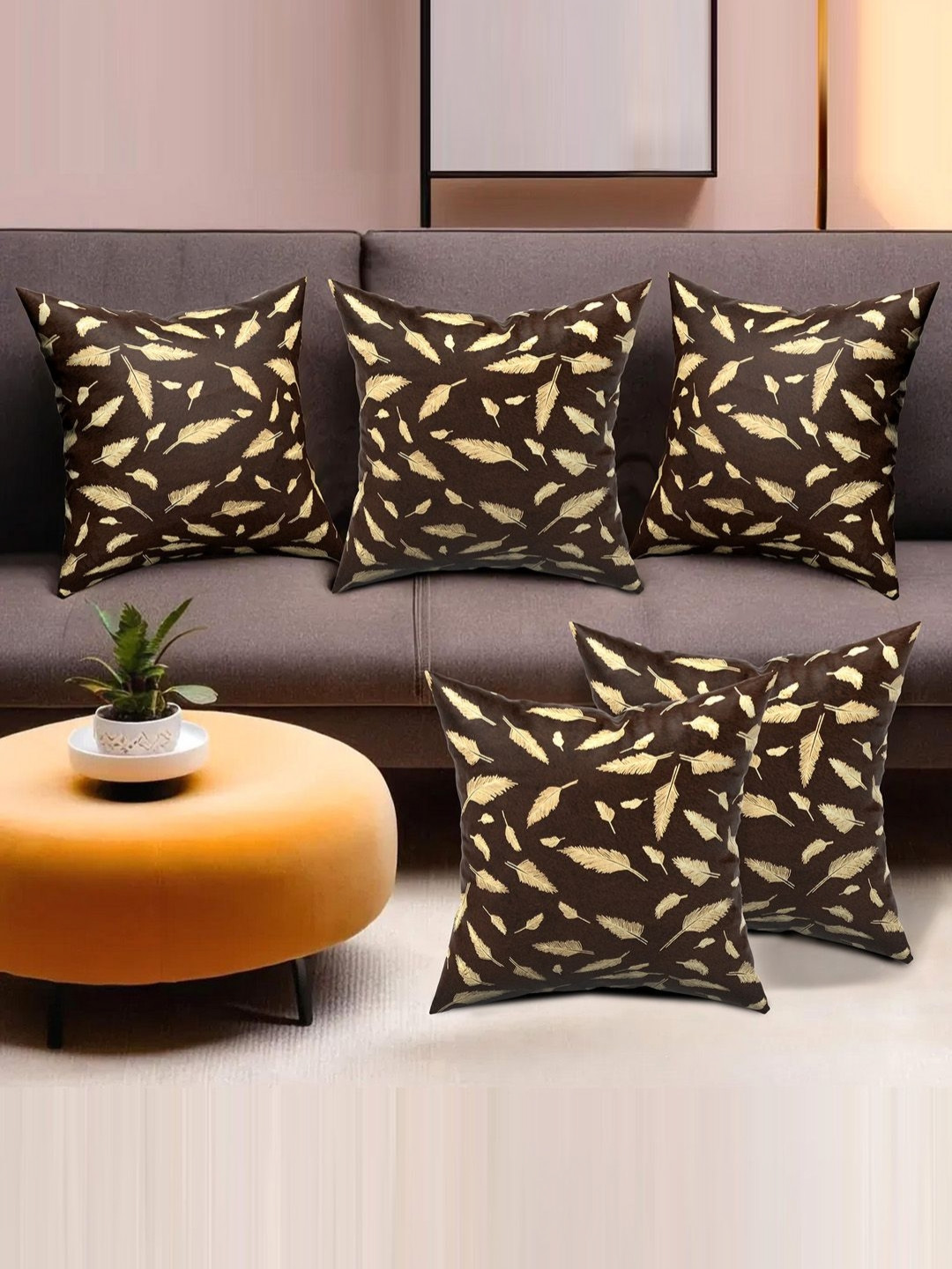 Aura Foil Brown Leaf Velvet Washable 5 Piece Square Cushion Covers - 16.5 x 16.5 Inches