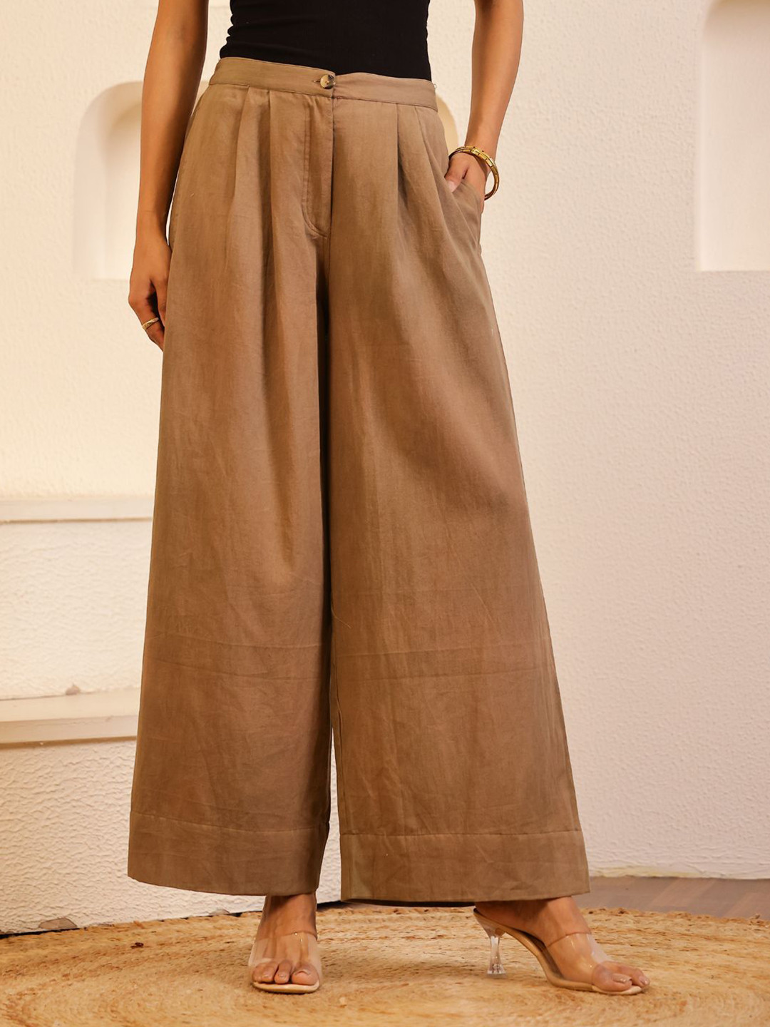 SANSKRUTIHOMES Women Brown Solid Cotton Blend Loose Fit Lounge Pants