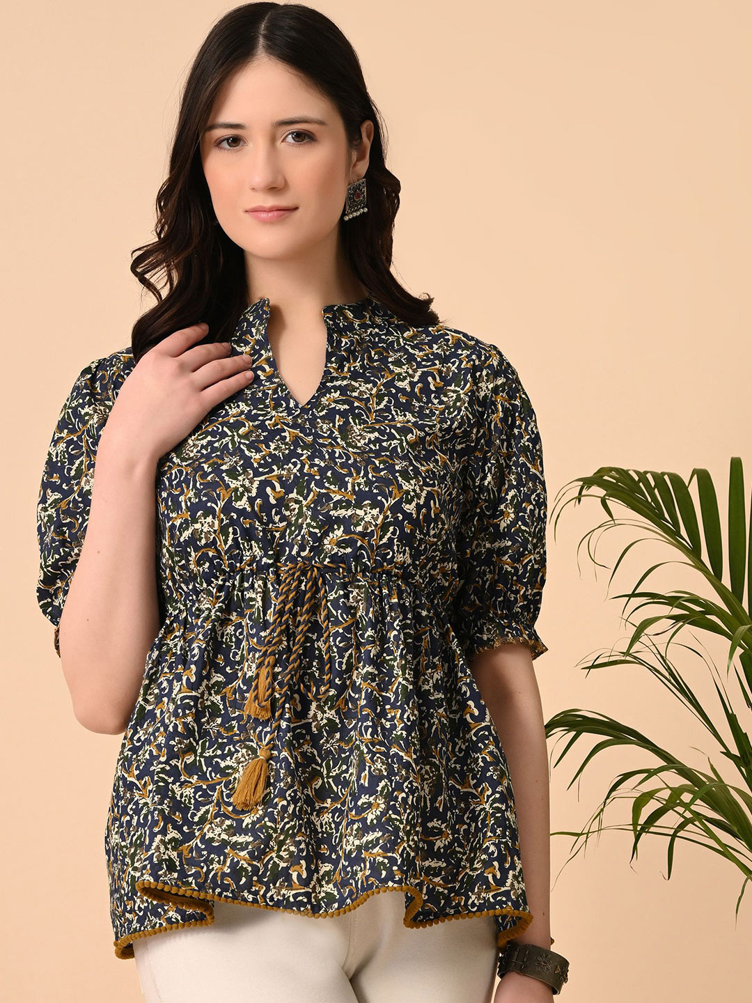 SANTOLIYA Floral Print Ethnic Cotton Peplum Top