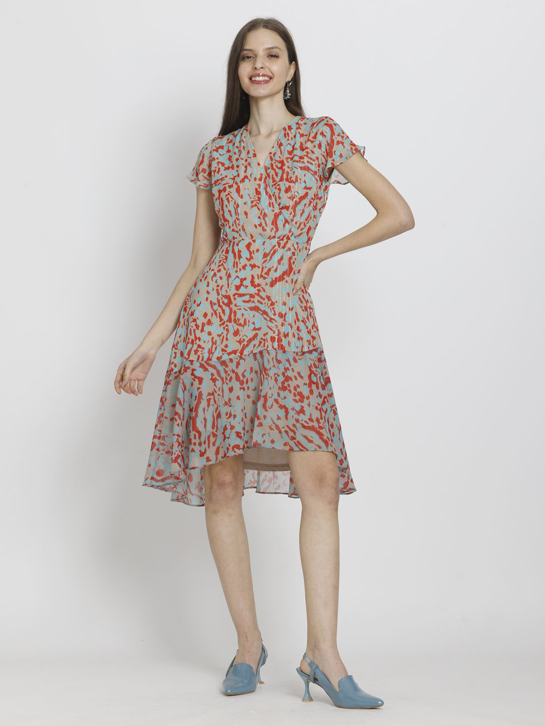 SHAYE Animal Print Flared Sleeve Georgette Fit & Flare Midi Dress