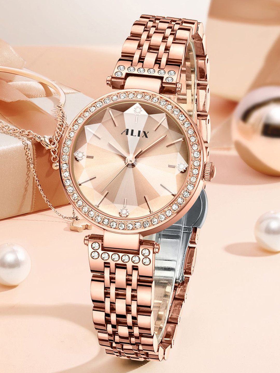 ALIX Women Embellished Dial & Stainless Steel Straps Analogue Watch AL2532_RGRG