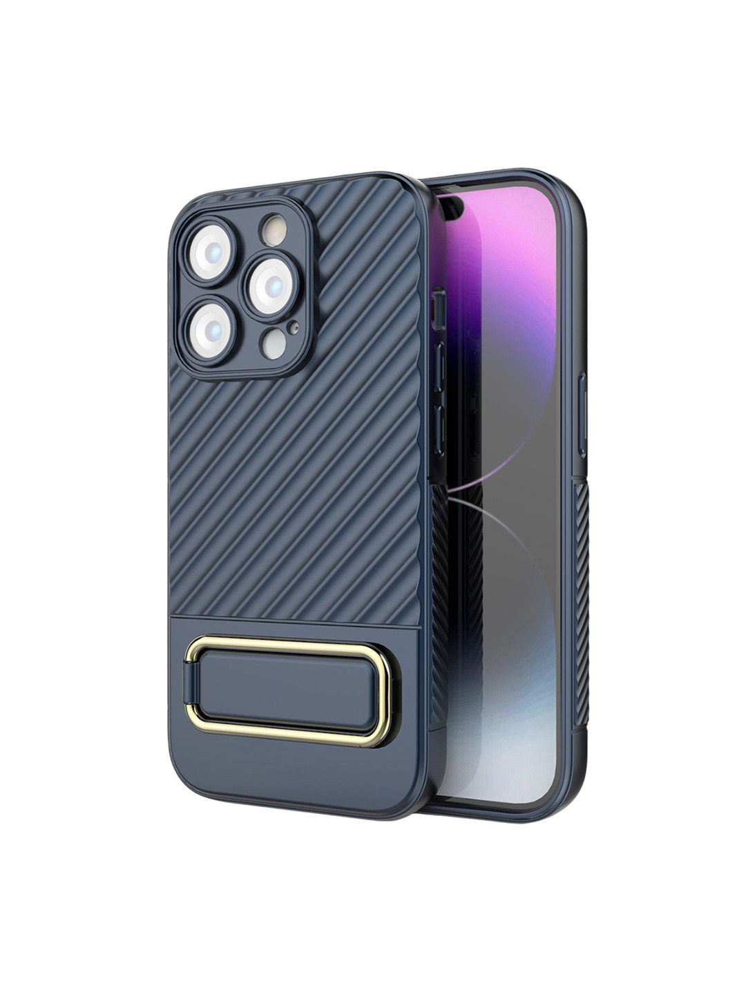 QRIOH iPhone 14 Pro Blue Back Cover with Gold Metal Kickstand