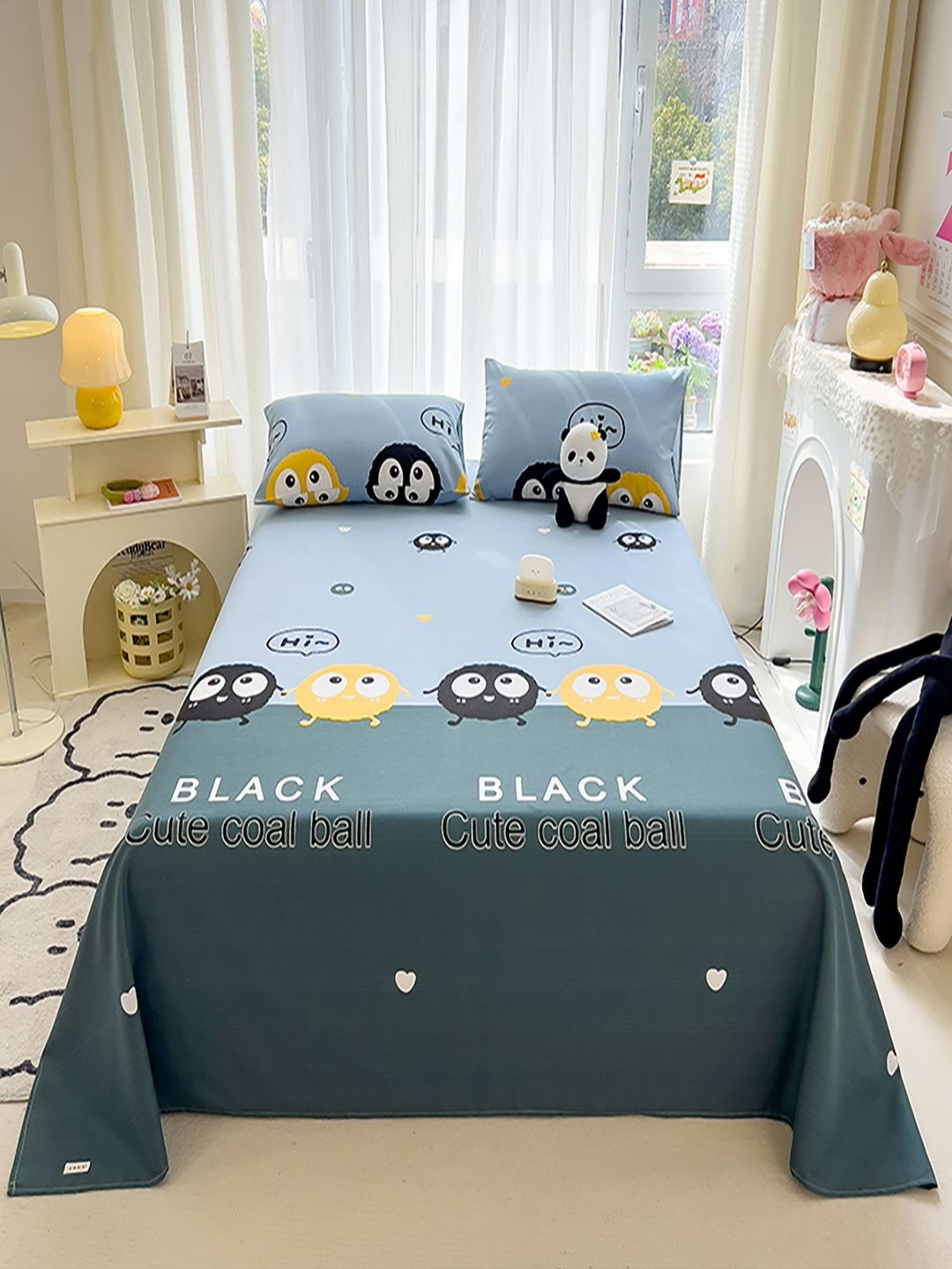 JC HOME Blue & Green Cartoon Characters 140 TC King Bedsheet with 2 Pillow Covers