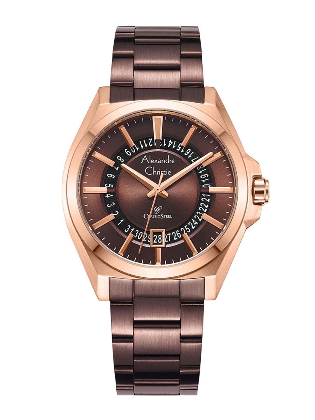 Alexandre Christie Men Embellished Dial & Stainless Steel Bracelet Style Straps Analogue Watch 8688MDBROBO