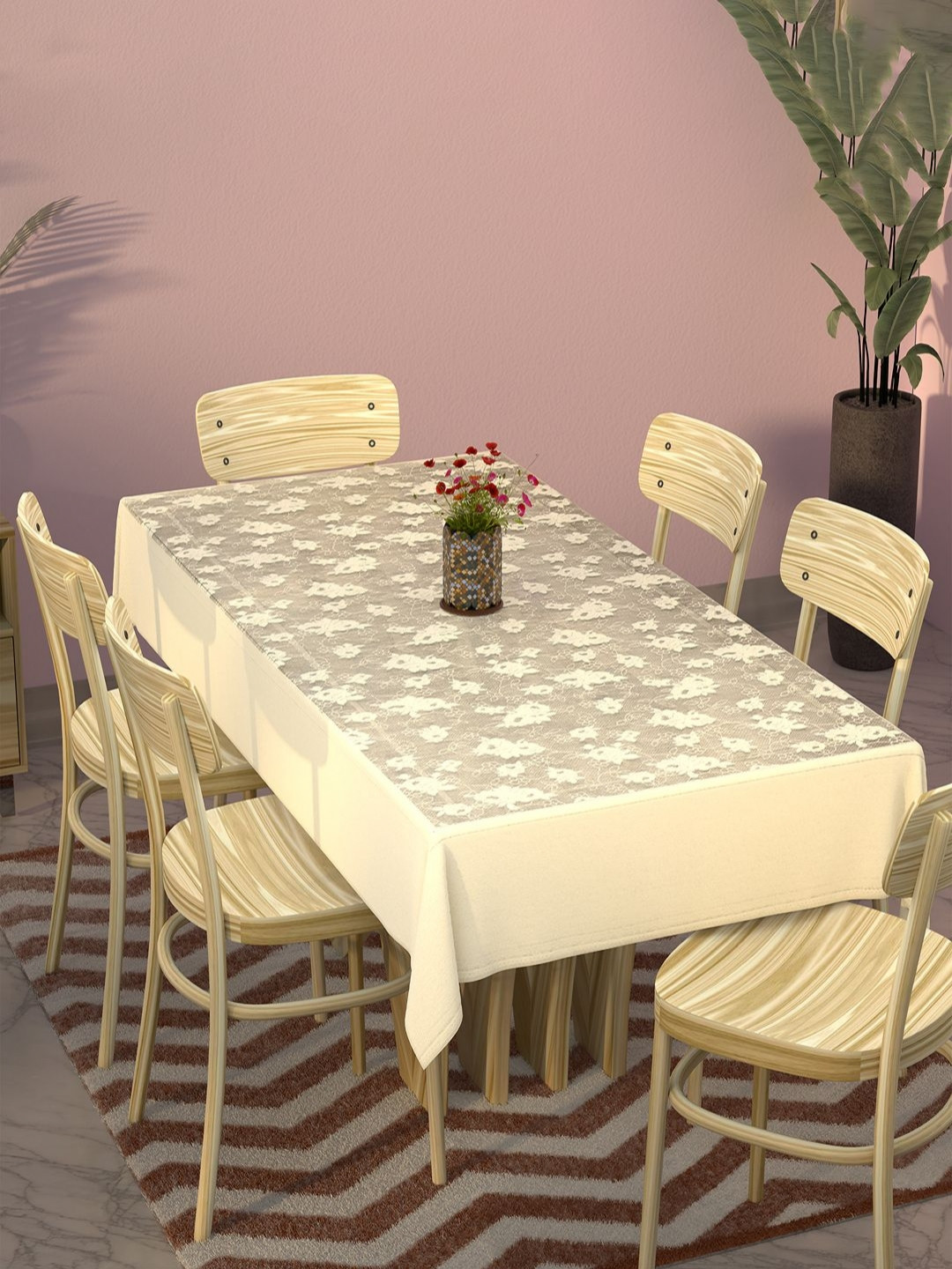 Aura Self Net Hawaii 6 Seater Cream Coloured Floral Cotton Durable Dining Table Cover