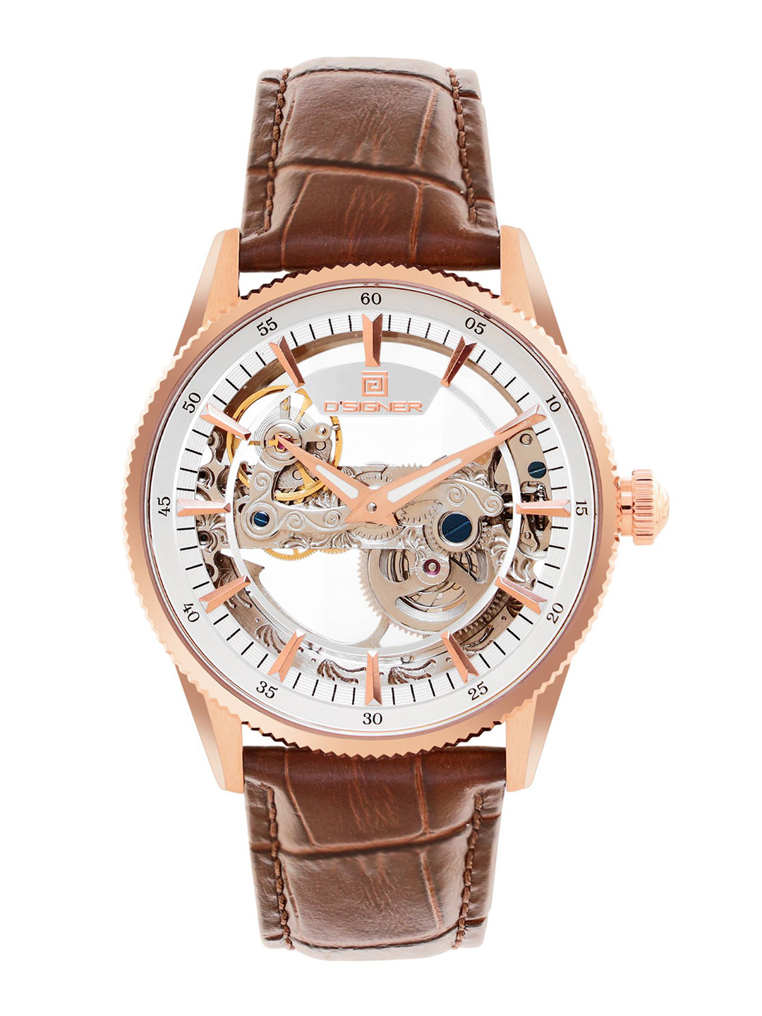 D'SIGNER Men Brass Patterned Dial & Leather Straps Analogue Automatic Motion Powered Watch 881RGL.2G