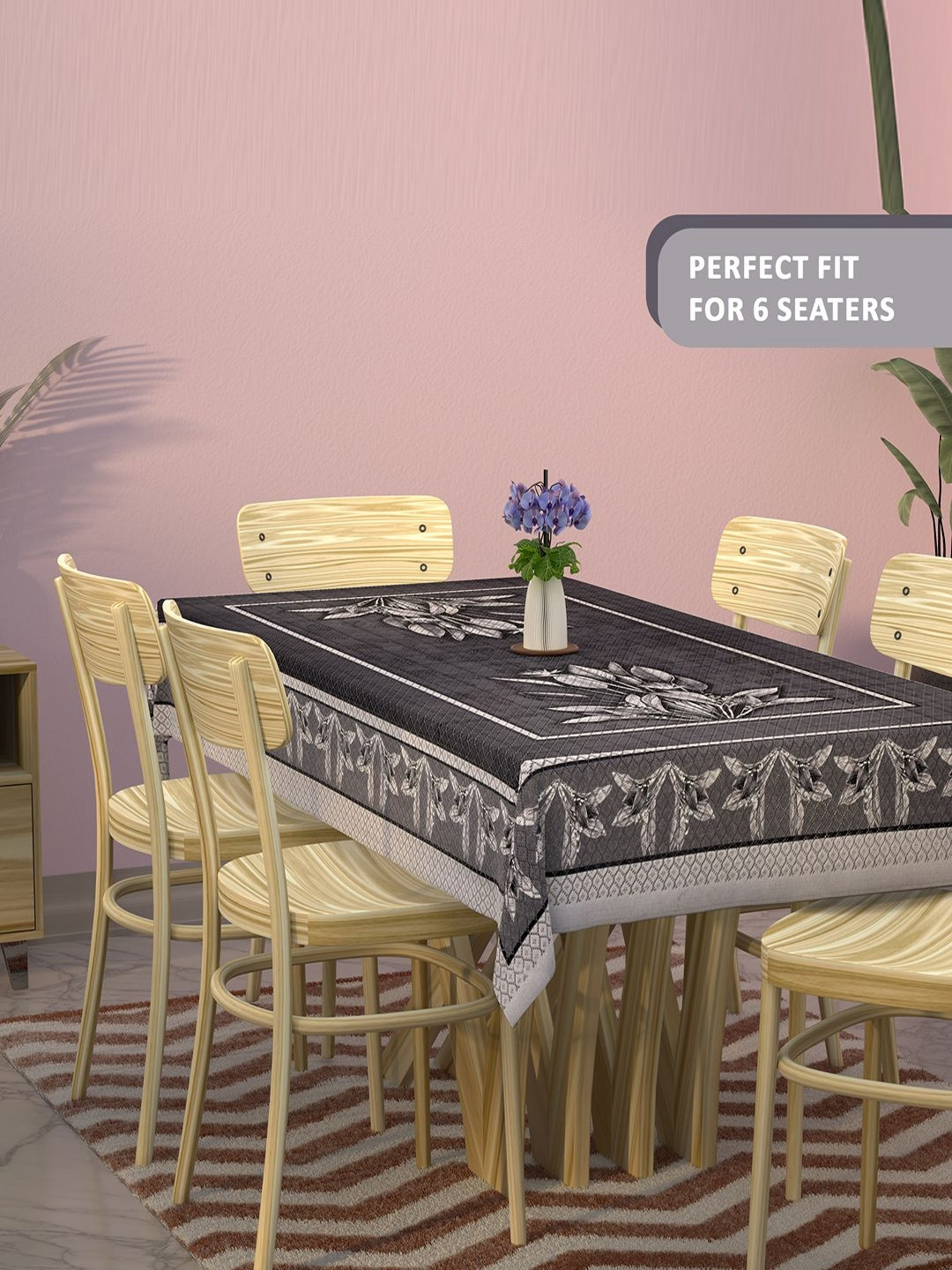 Aura Black Combo Set of 2 Floral Cotton 6-Seater Table Cover & 4 Seater Center Table Cover