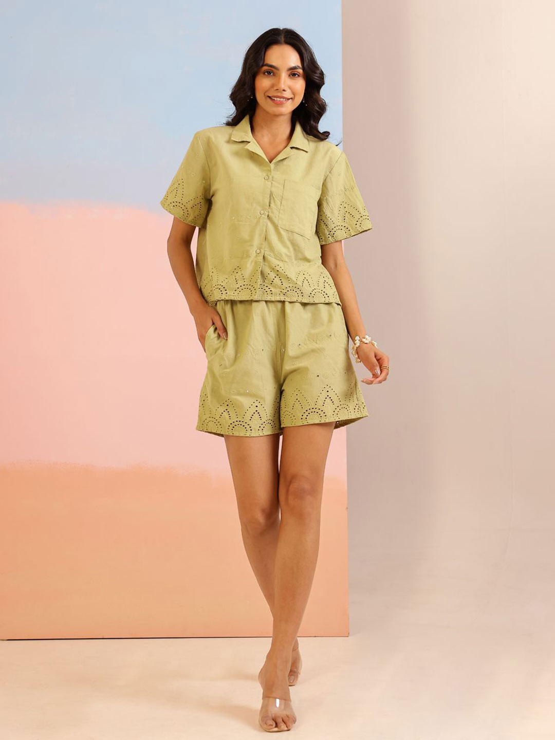 SANSKRUTIHOMES Green Shirt Collar Pure Cotton Embroidered Co-ords Set for Women