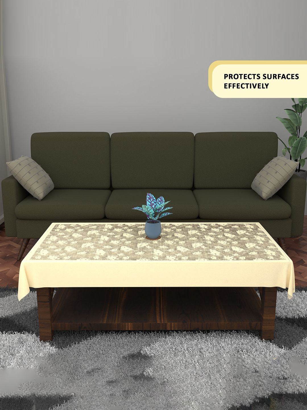 Aura Cream-Coloured Set of 2 Floral Cotton 6-Seater Table Cover with Embroidered details