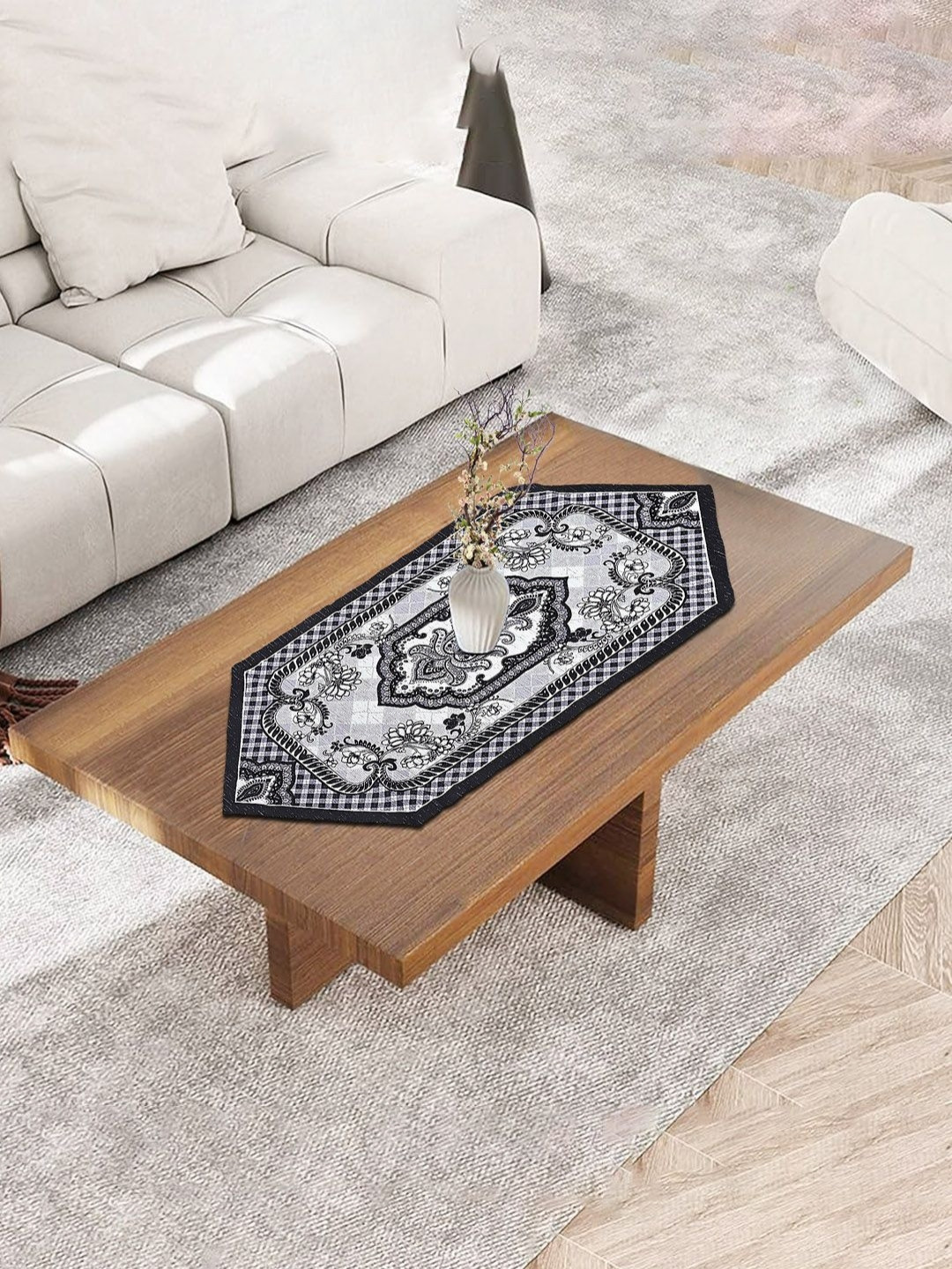 Aura Black & Grey Floral Printed Cotton Light-Weight Centre Coffee Table Runner