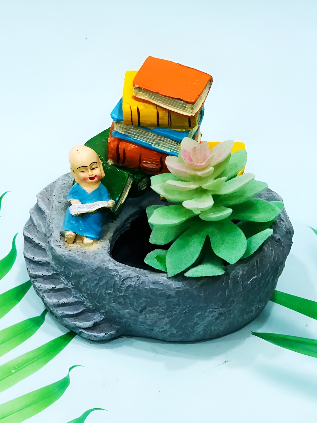 ShopMeFast Grey & Yellow Resin Monk With Book Flower Succulent Planter