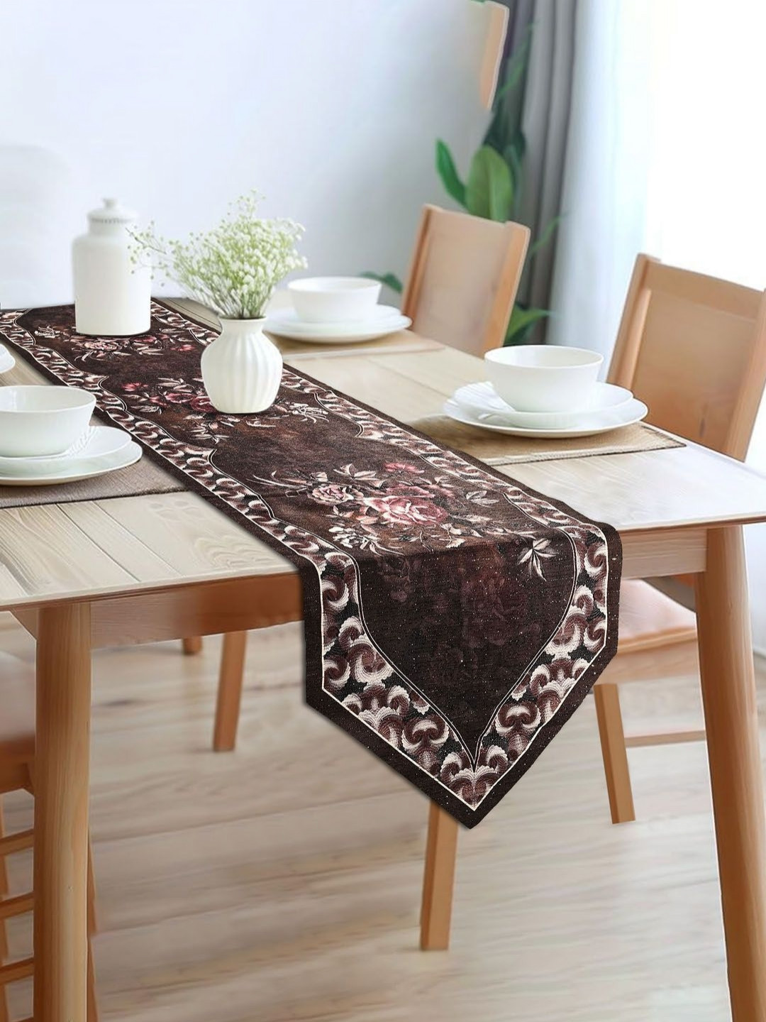 Aura Brown & Pink Floral Printed Cotton Light-Weight Centre Coffee Table Runner