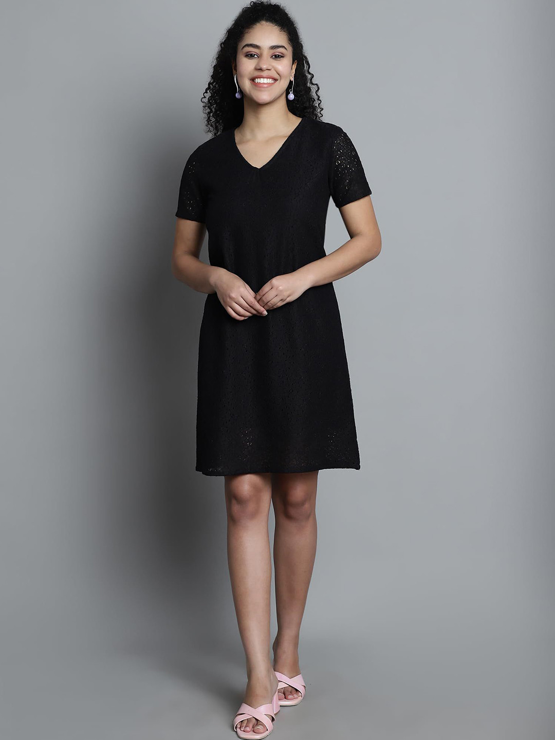 SZN Black Solid Sheath Dress with Short Sleeves