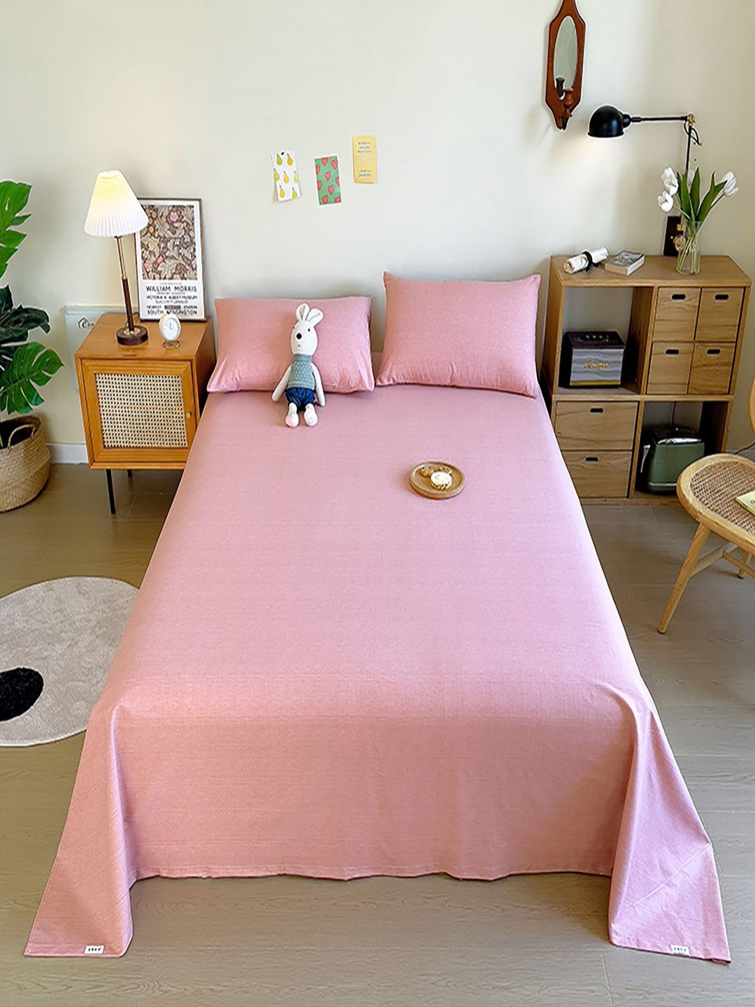 JC HOME Pink Polycotton 140 TC Double Bedsheet with a Pillow Cover-91 x 63 inches