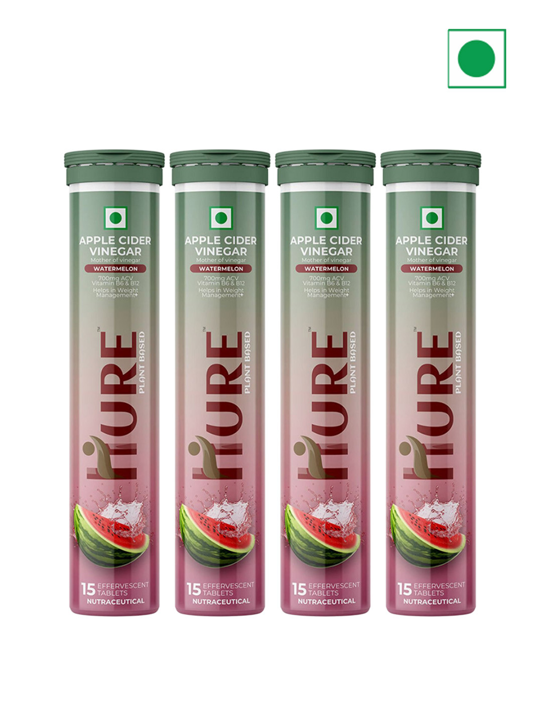 HURE THE PLANT FIX Set Of 4 Watermelon Apple Cider Vinegar Tablets - 15 Tablets Each