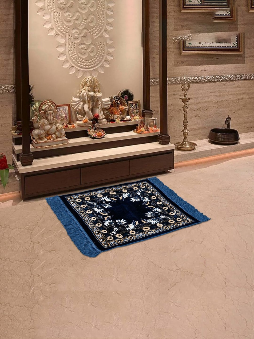 Aura Blue Floral Printed Velvet Comfortable Pooja Floor Mat