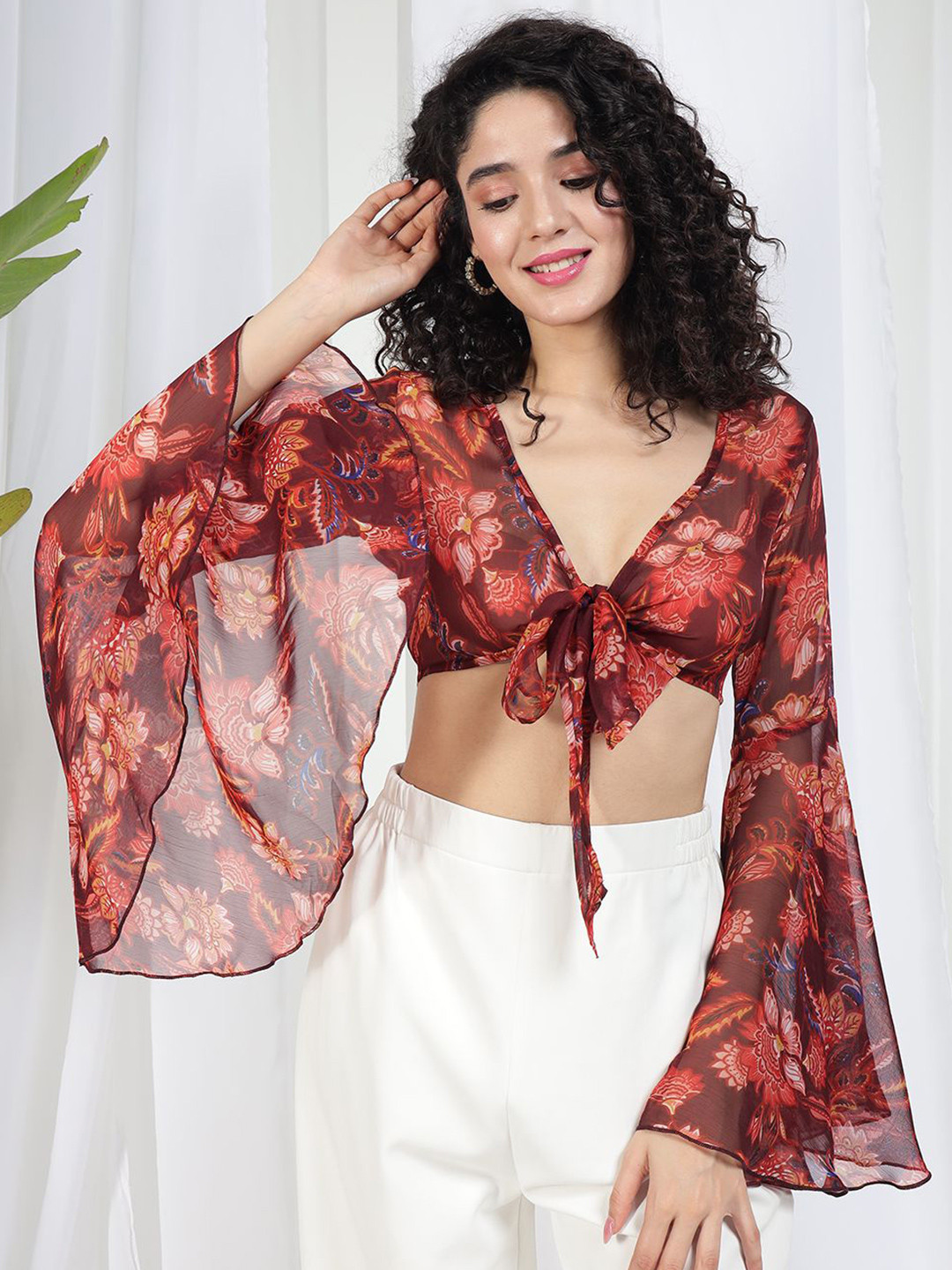 BAESD Print Tie-Up Neck Bell Sleeve Georgette Top