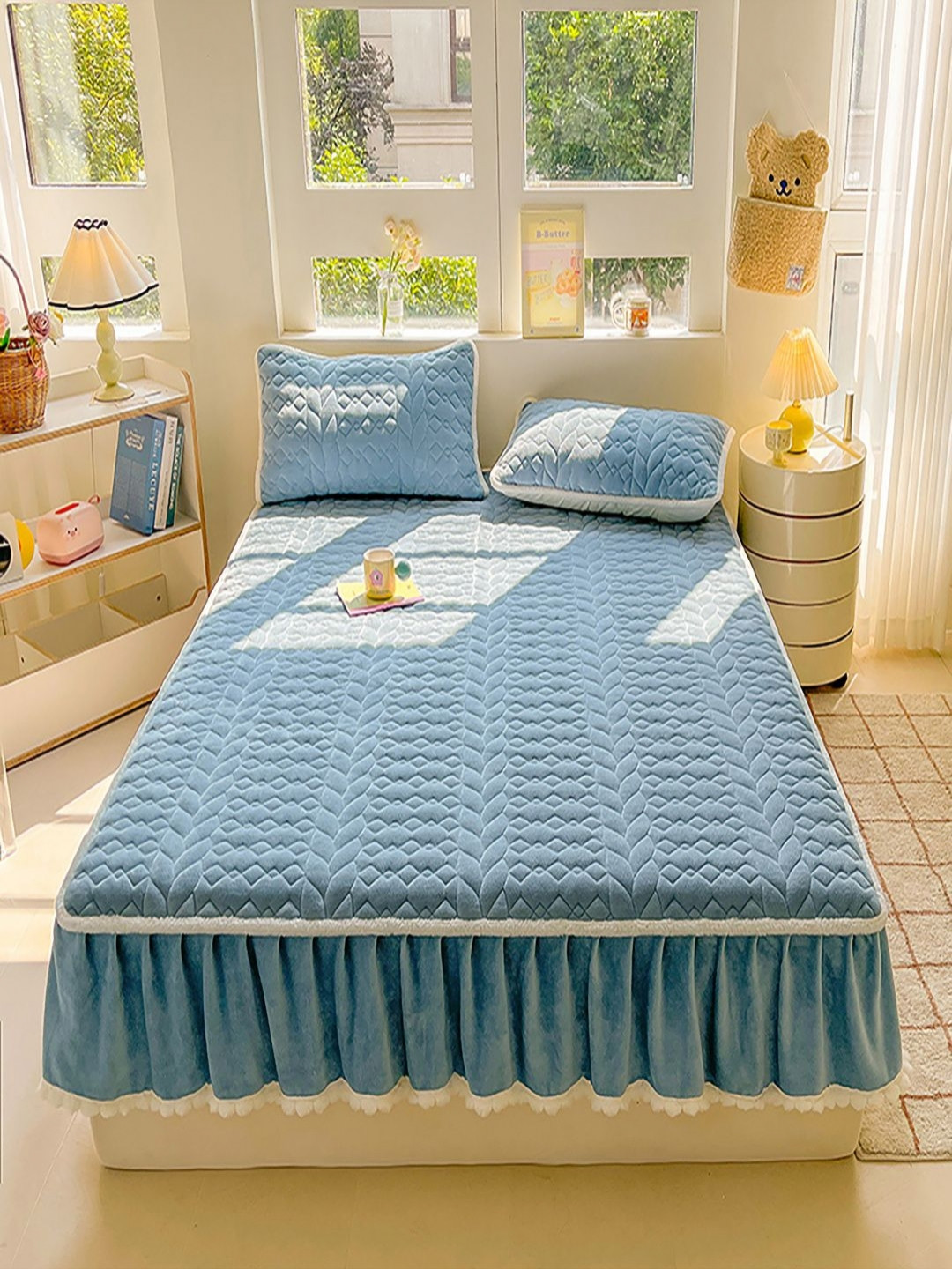 JC HOME Cardinal Blue Geometric Polycotton 160 TC Fitted Queen Bedsheet with 2 Pillow Covers-220 x 230 cm