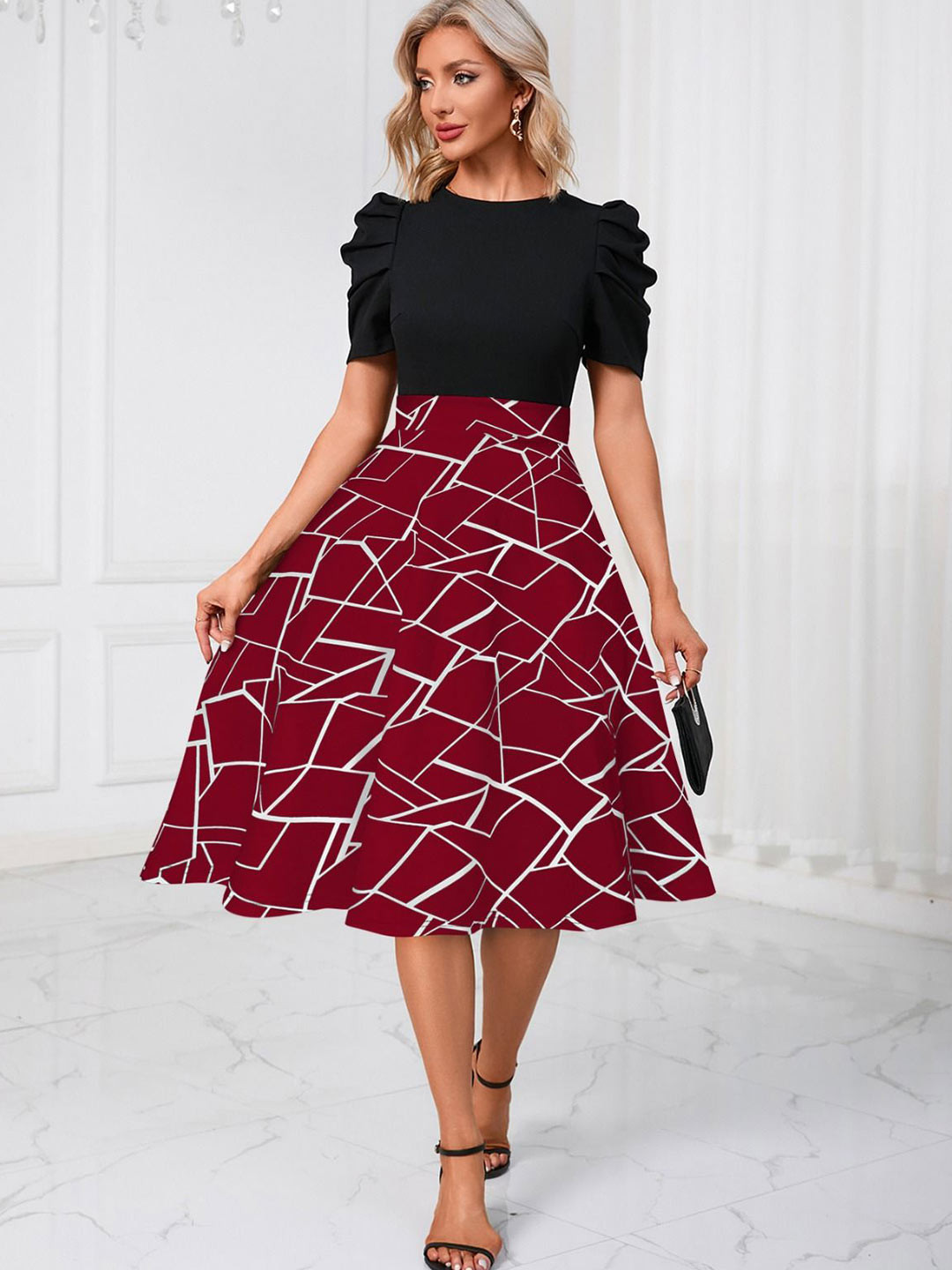 DHUNKI Print Flutter Sleeve PU Coated A-Line Dress