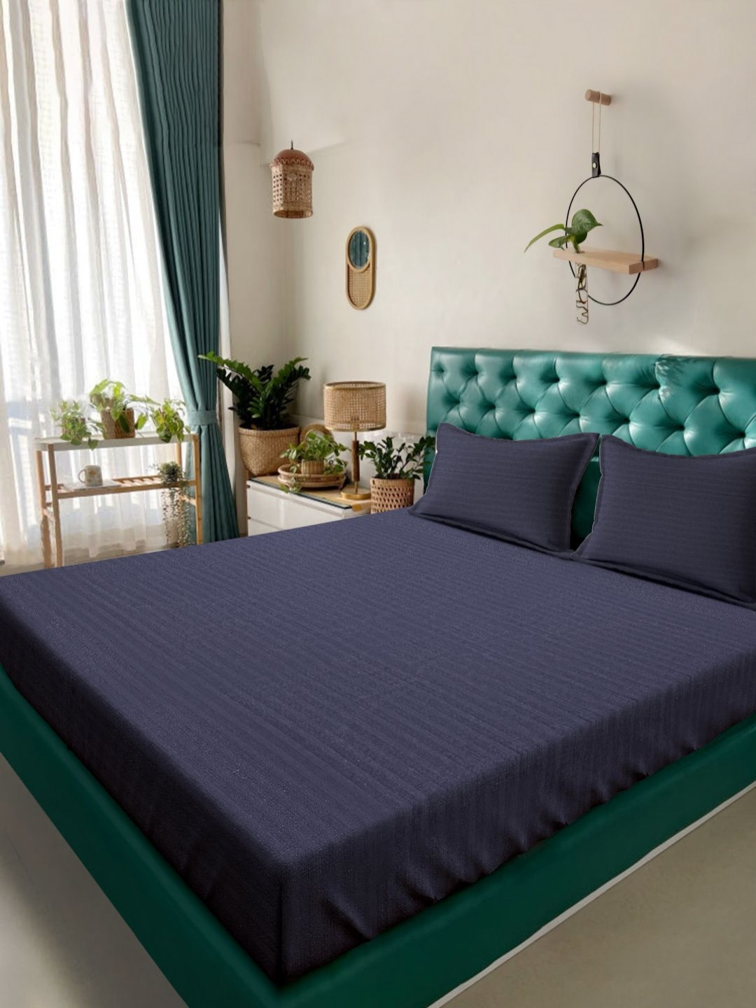 Arrabi Violet Striped Polycotton 300 TC Super King Superfine Bedsheet with 2 Pillow Covers-87 x 93 inches