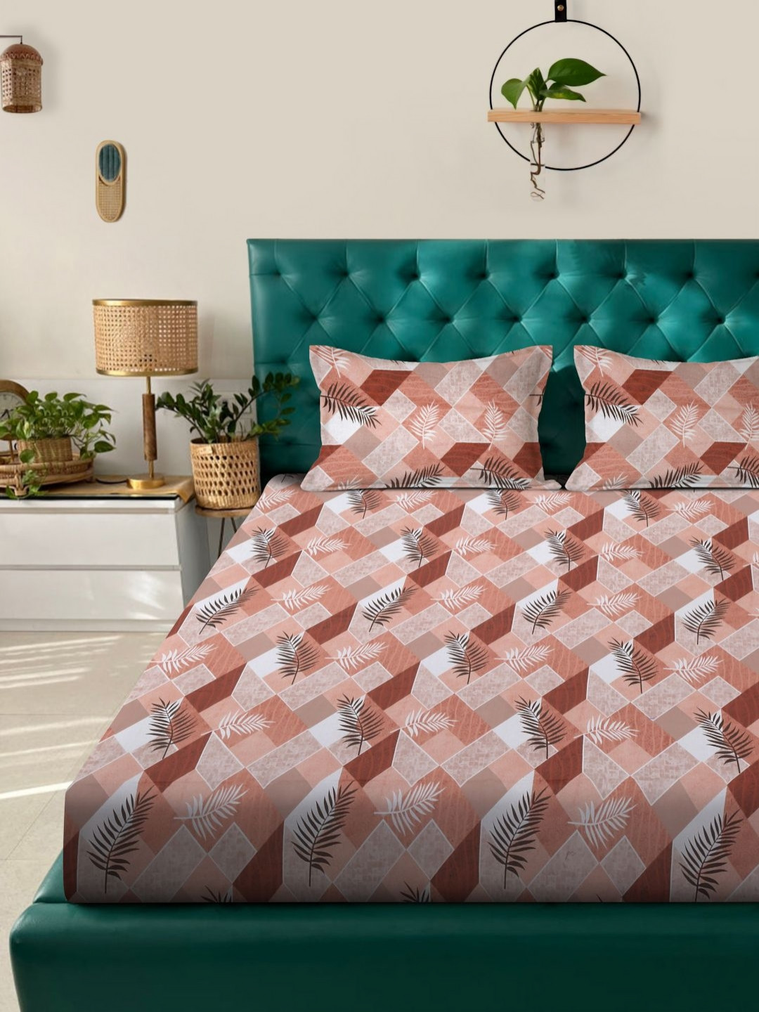 Myntra Elegant Homes Rust Leaf Pure Cotton 400 TC Fitted King Superfine Bedsheet with 2 Pillow Covers-98 x 89 inches